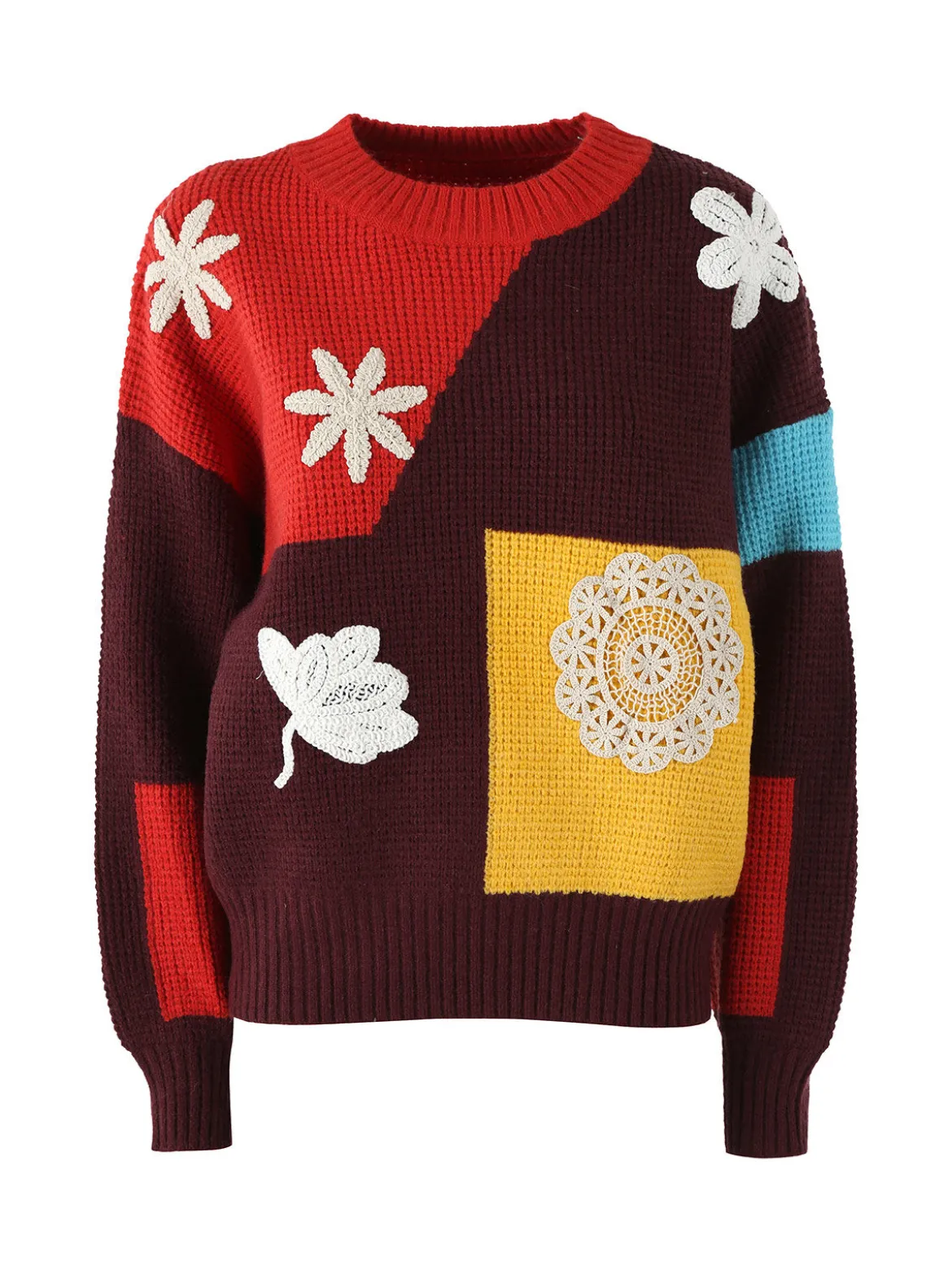 Solada Maglione donna oversize a blocchi di colore con ricami - rosso