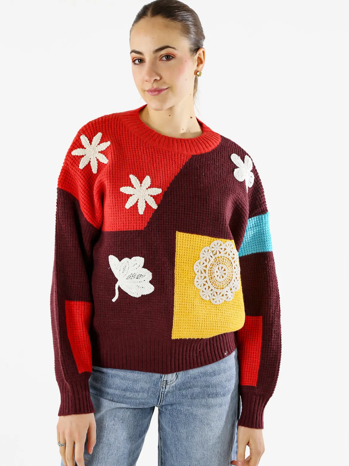 Solada Maglione donna oversize a blocchi di colore con ricami - rosso