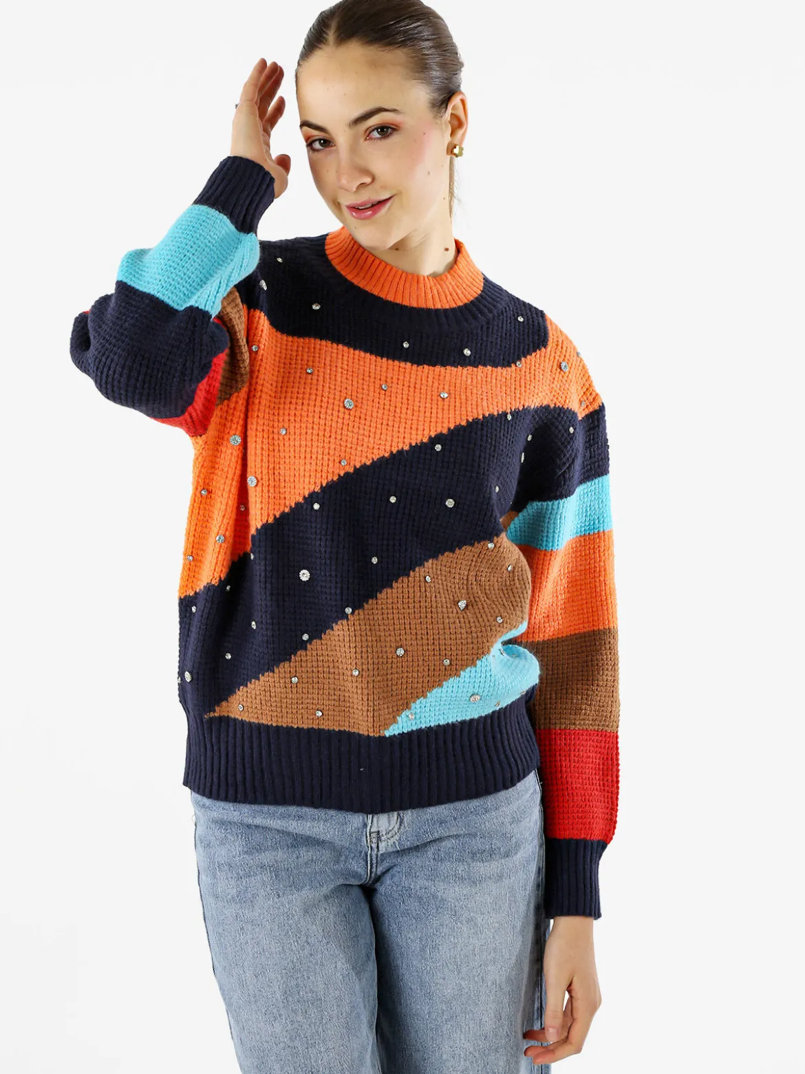 Solada Maglione donna oversize a blocchi di colore con strass - arancione