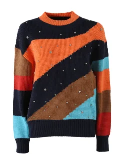 Solada Maglione donna oversize a blocchi di colore con strass - arancione