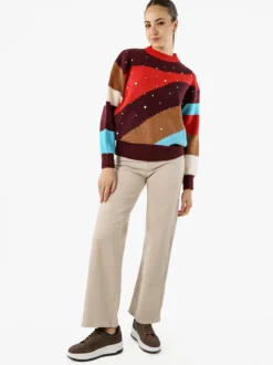 Solada Maglione donna oversize a blocchi di colore con strass - rosso