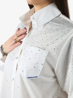 Solada Maxi camicia da donna con bottoni gioiello e strass - bianco