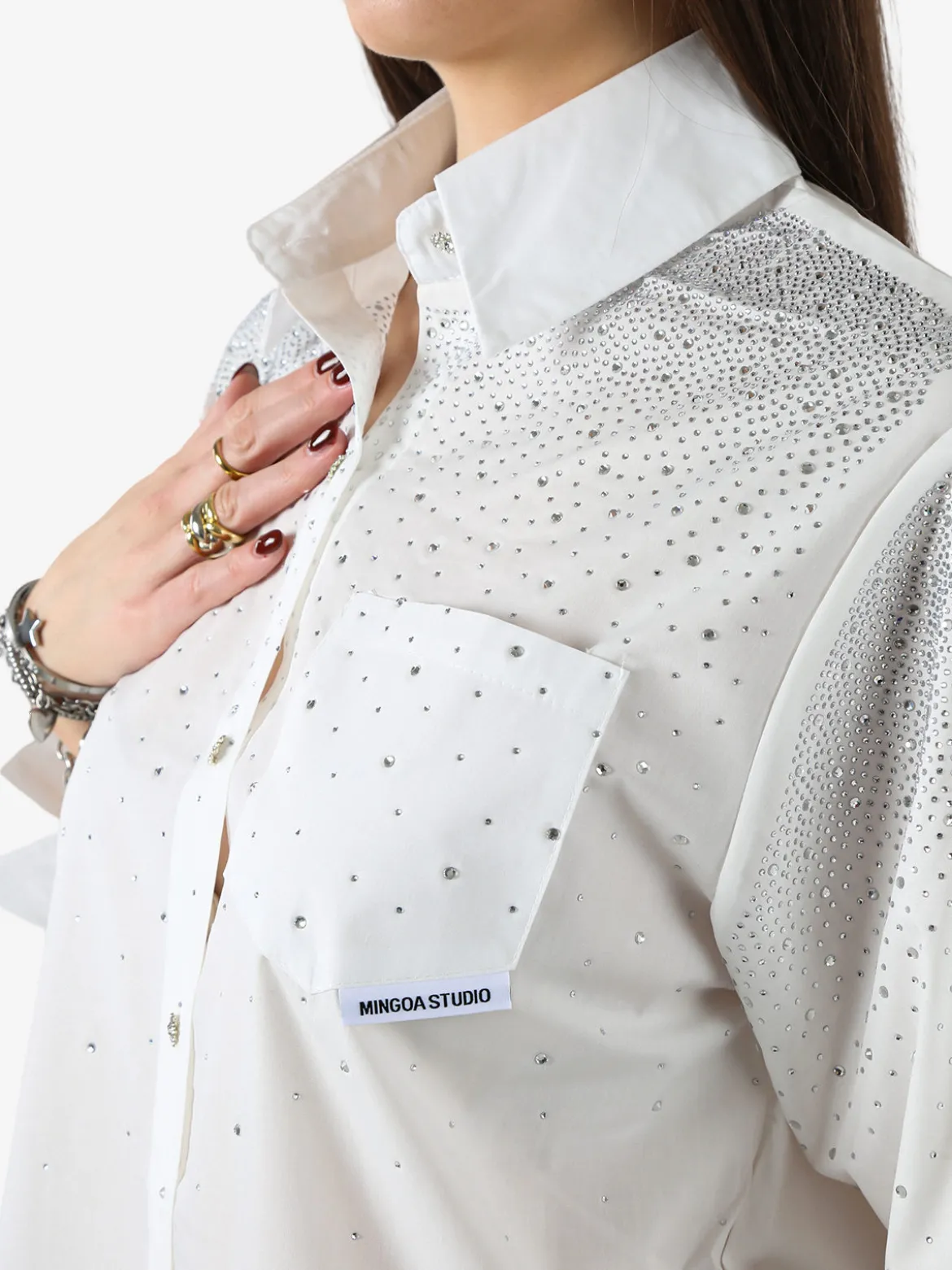 Solada Maxi camicia da donna con bottoni gioiello e strass - bianco