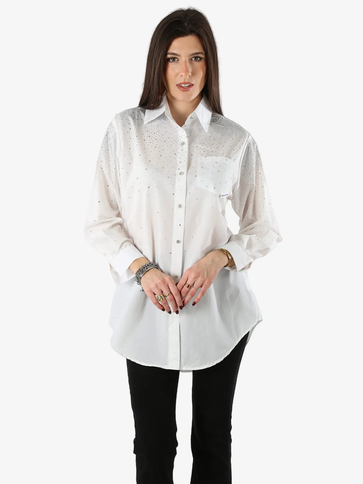 Solada Maxi camicia da donna con bottoni gioiello e strass - bianco