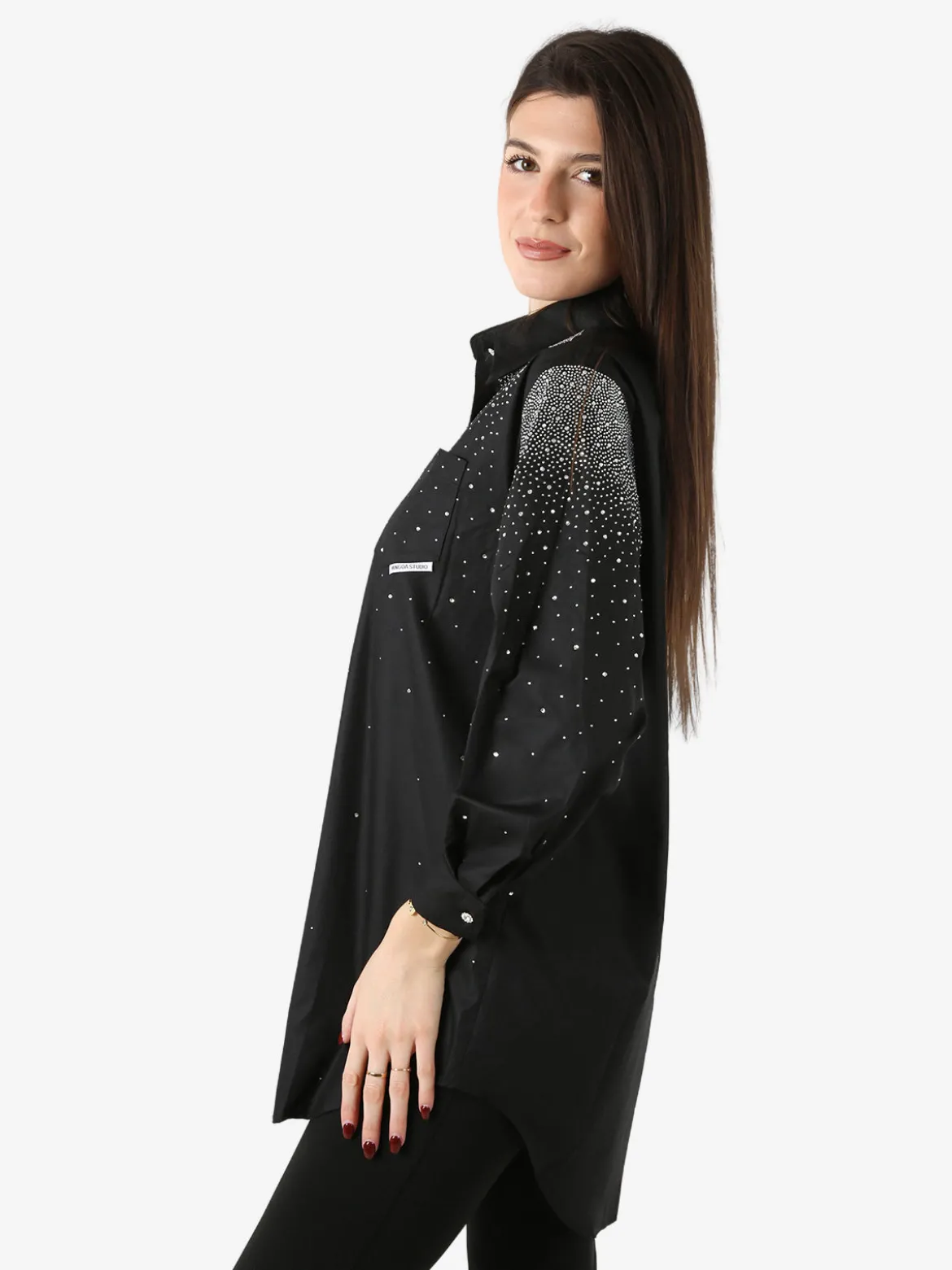 Solada Maxi camicia da donna con bottoni gioiello e strass - nero