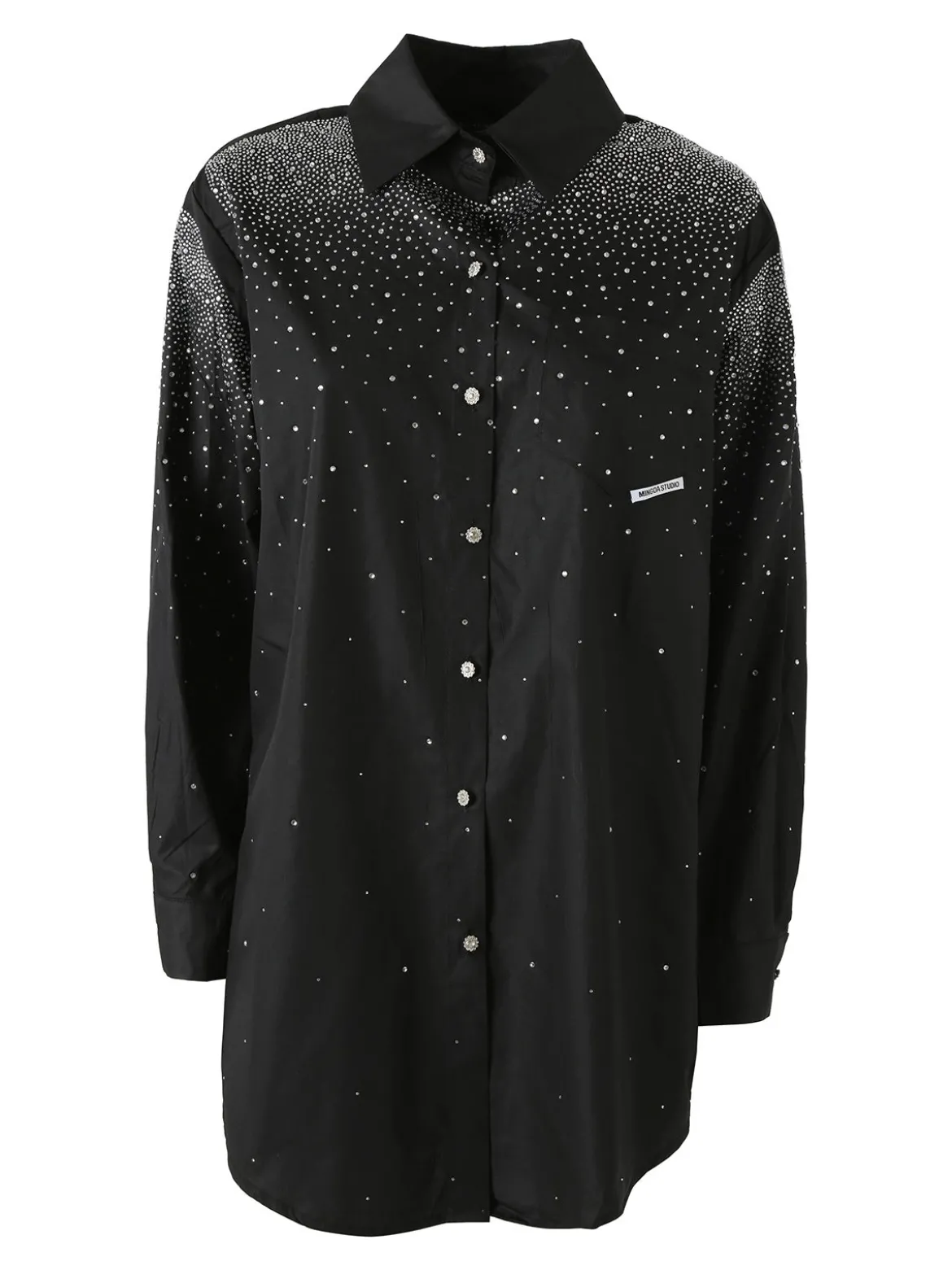 Solada Maxi camicia da donna con bottoni gioiello e strass - nero