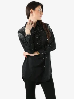 Solada Maxi camicia da donna con bottoni gioiello e strass - nero