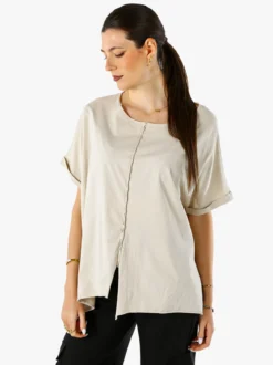 Solada Maxi t-shirt donna in cotone con maniche risvoltate - beige