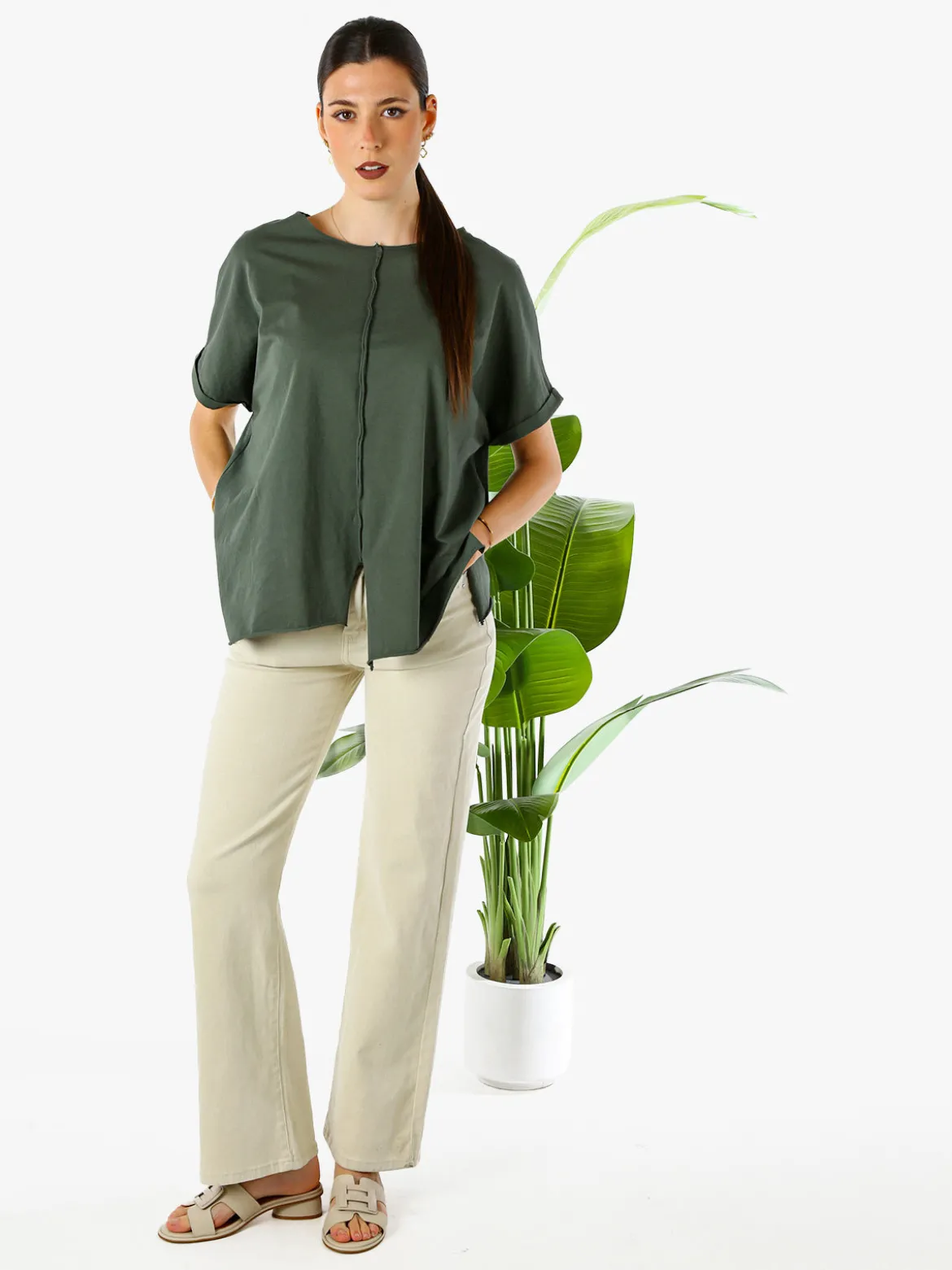 Solada Maxi t-shirt donna in cotone con maniche risvoltate - militare