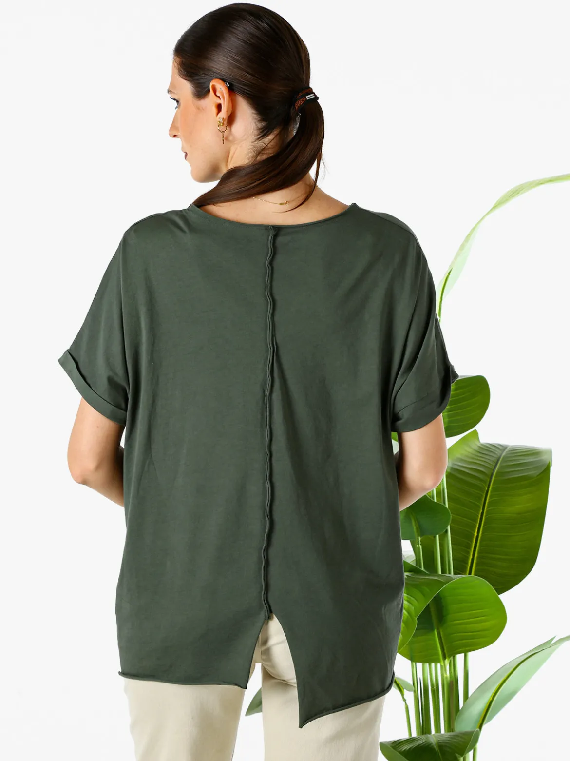 Solada Maxi t-shirt donna in cotone con maniche risvoltate - militare