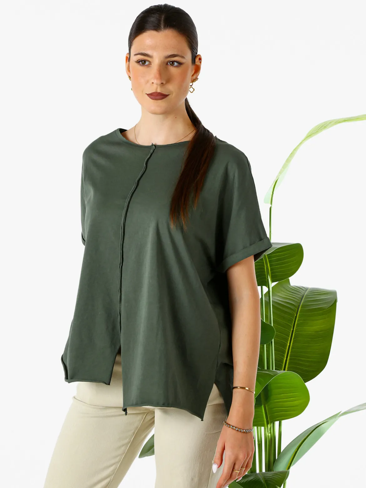 Solada Maxi t-shirt donna in cotone con maniche risvoltate - militare