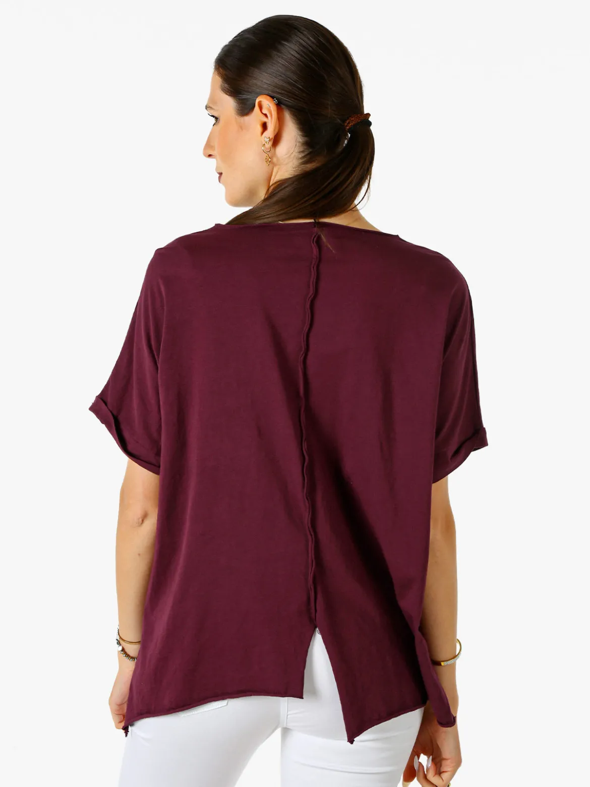 Solada Maxi t-shirt donna in cotone con maniche risvoltate - porpora