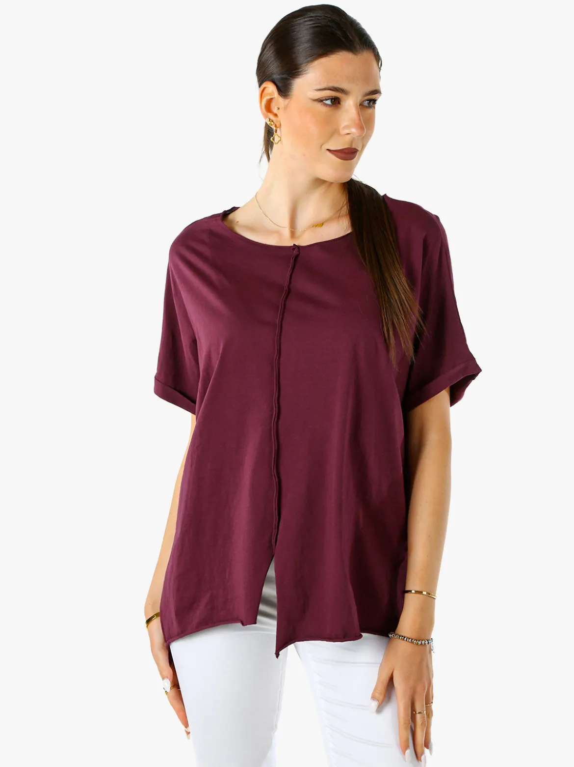 Solada Maxi t-shirt donna in cotone con maniche risvoltate - porpora