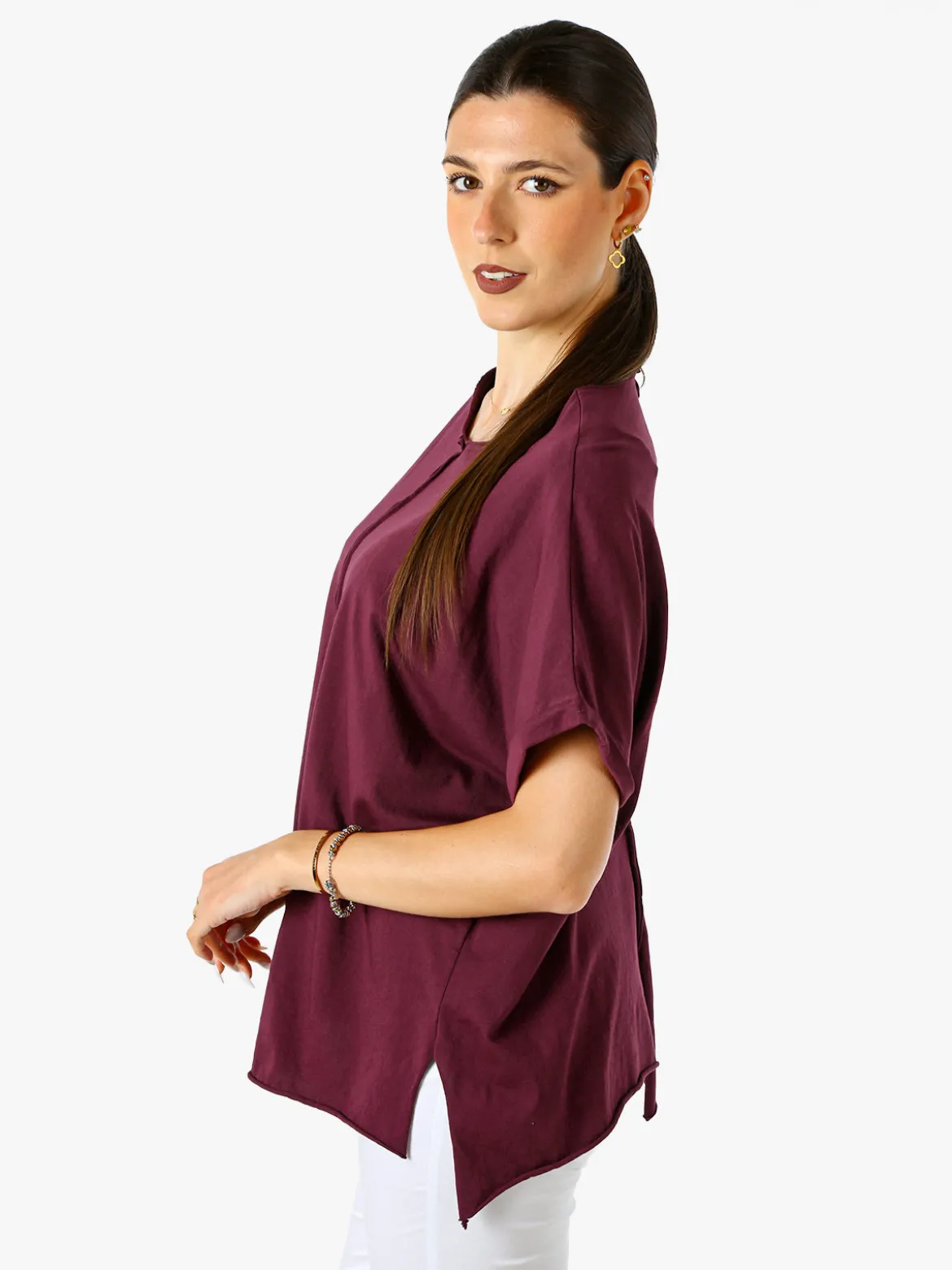 Solada Maxi t-shirt donna in cotone con maniche risvoltate - porpora