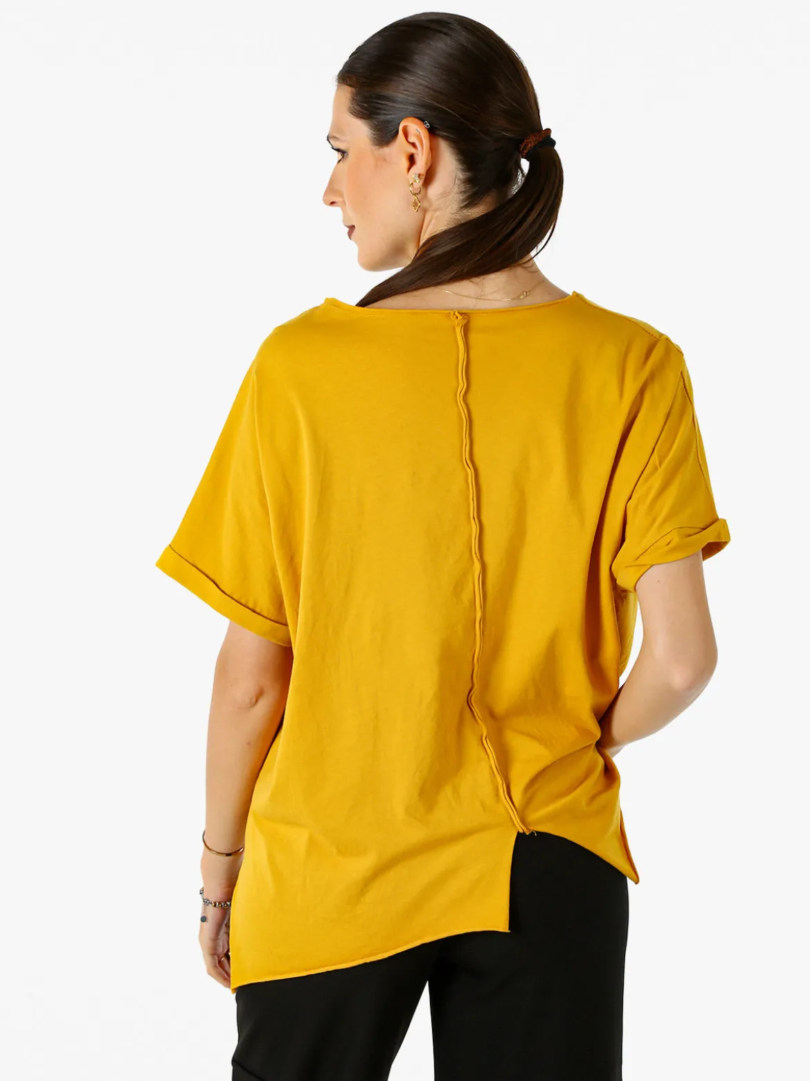 Solada Maxi t-shirt donna in cotone con maniche risvoltate - senape