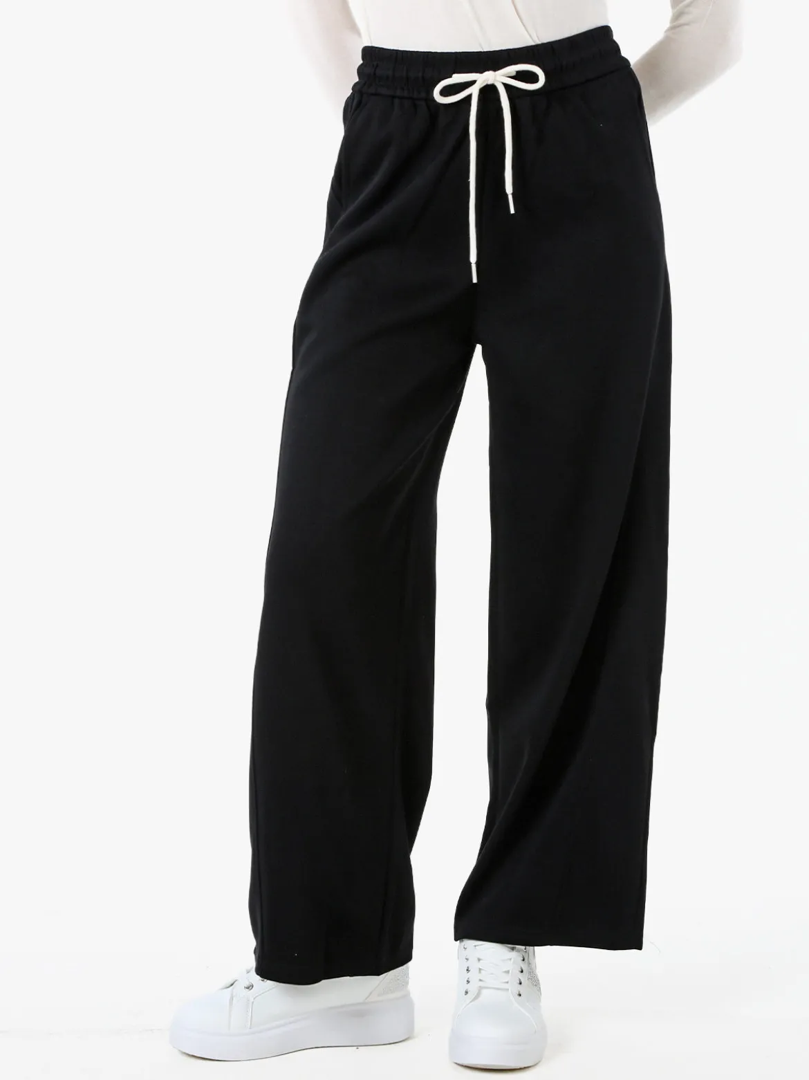 Solada Pantaloni da donna in felpa a gamba larga con coulisse - nero