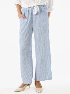 Solada Pantaloni donna a righe in misto lino - azzurro