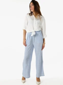 Solada Pantaloni donna a righe in misto lino - azzurro