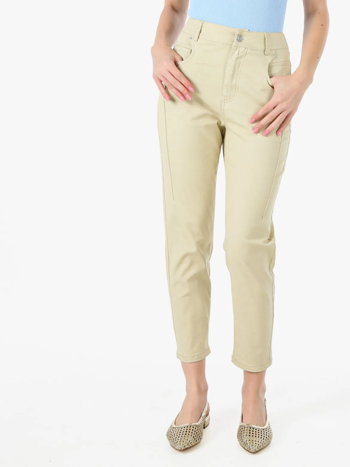 Solada Pantaloni donna a vita alta in misto cotone - beige