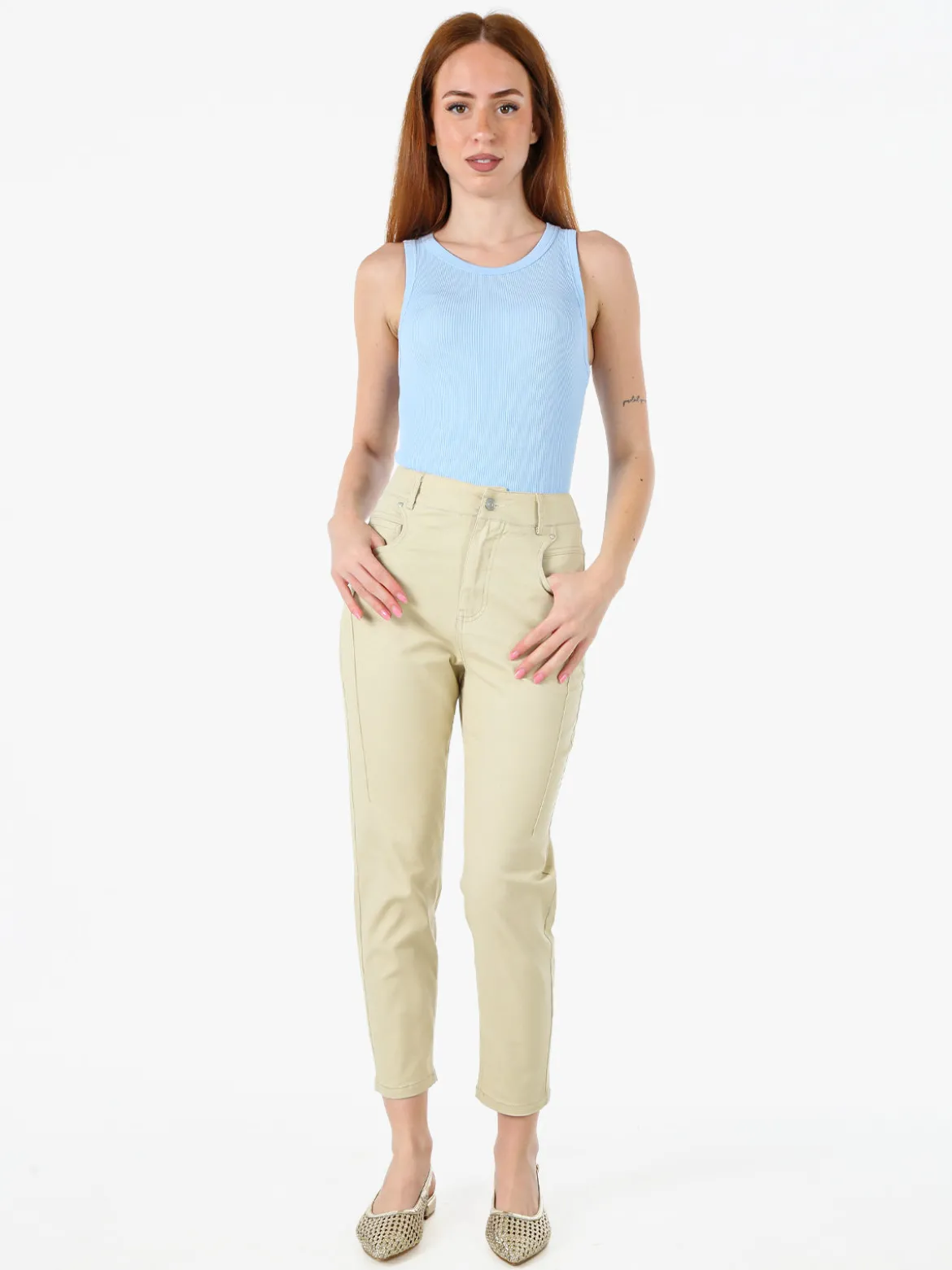 Solada Pantaloni donna a vita alta in misto cotone - beige