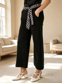Solada Pantaloni donna cropped a gamba larga con cintura a foulard - nero
