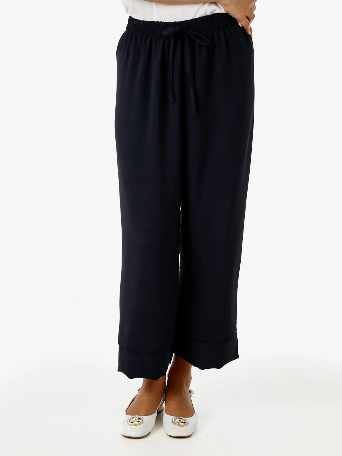 Solada Pantaloni donna cropped a gamba larga con coulisse - blu scuro