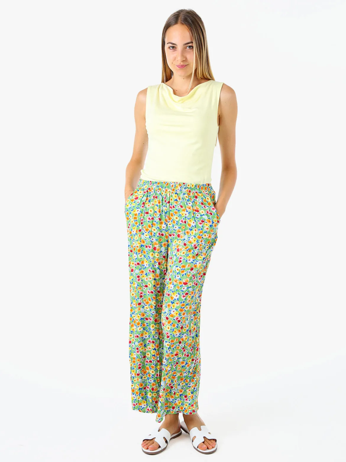 Solada Pantaloni donna floreali a gamba larga in cotone - verde