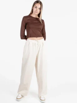 Solada Pantaloni donna in cotone a gamba larga con coulisse - panna