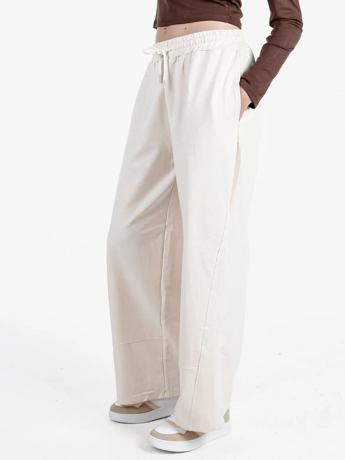Solada Pantaloni donna in cotone a gamba larga con coulisse - panna