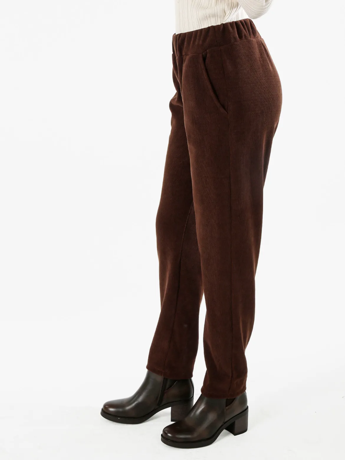 Solada Pantaloni donna in velluto con elastico in vita - moro