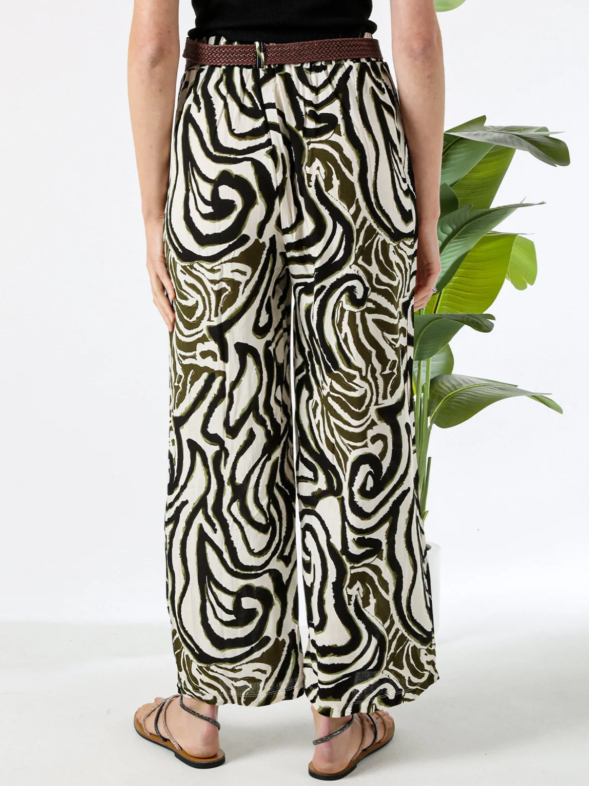 Solada Pantaloni donna in viscosa con stampe e cintura in corda - nero