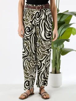 Solada Pantaloni donna in viscosa con stampe e cintura in corda - nero