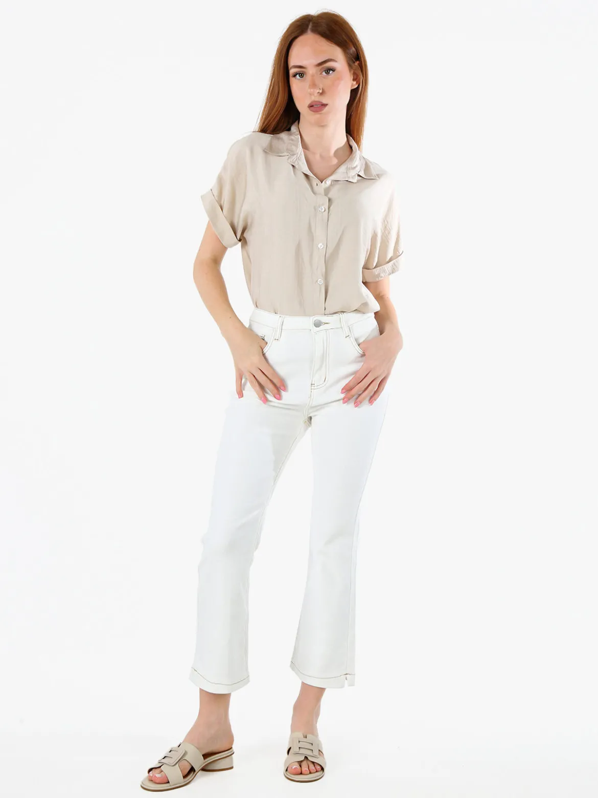 Solada Pantaloni donna jeans cropped a zampa - panna