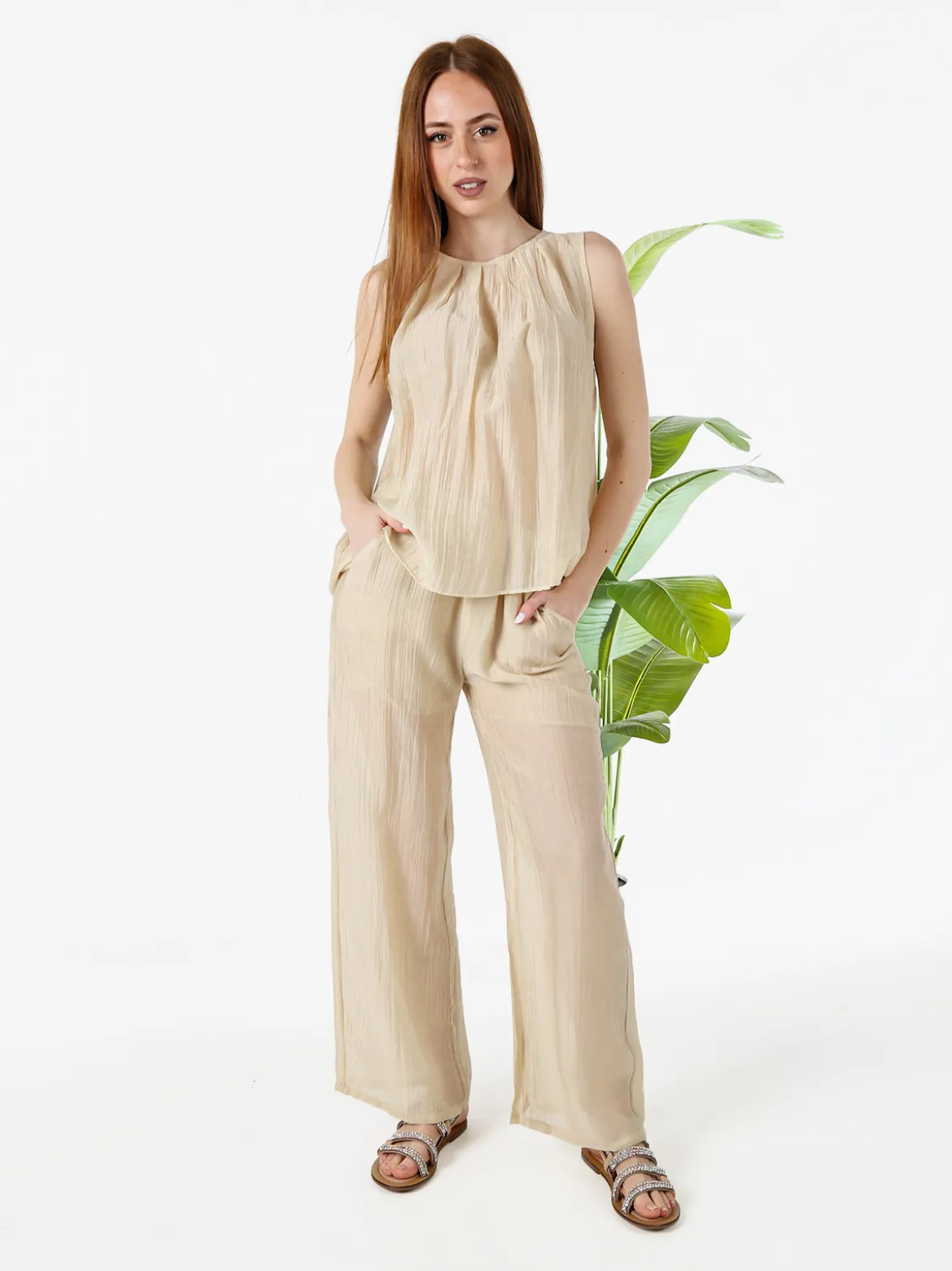 Solada Pantaloni donna leggeri a gamba larga - beige