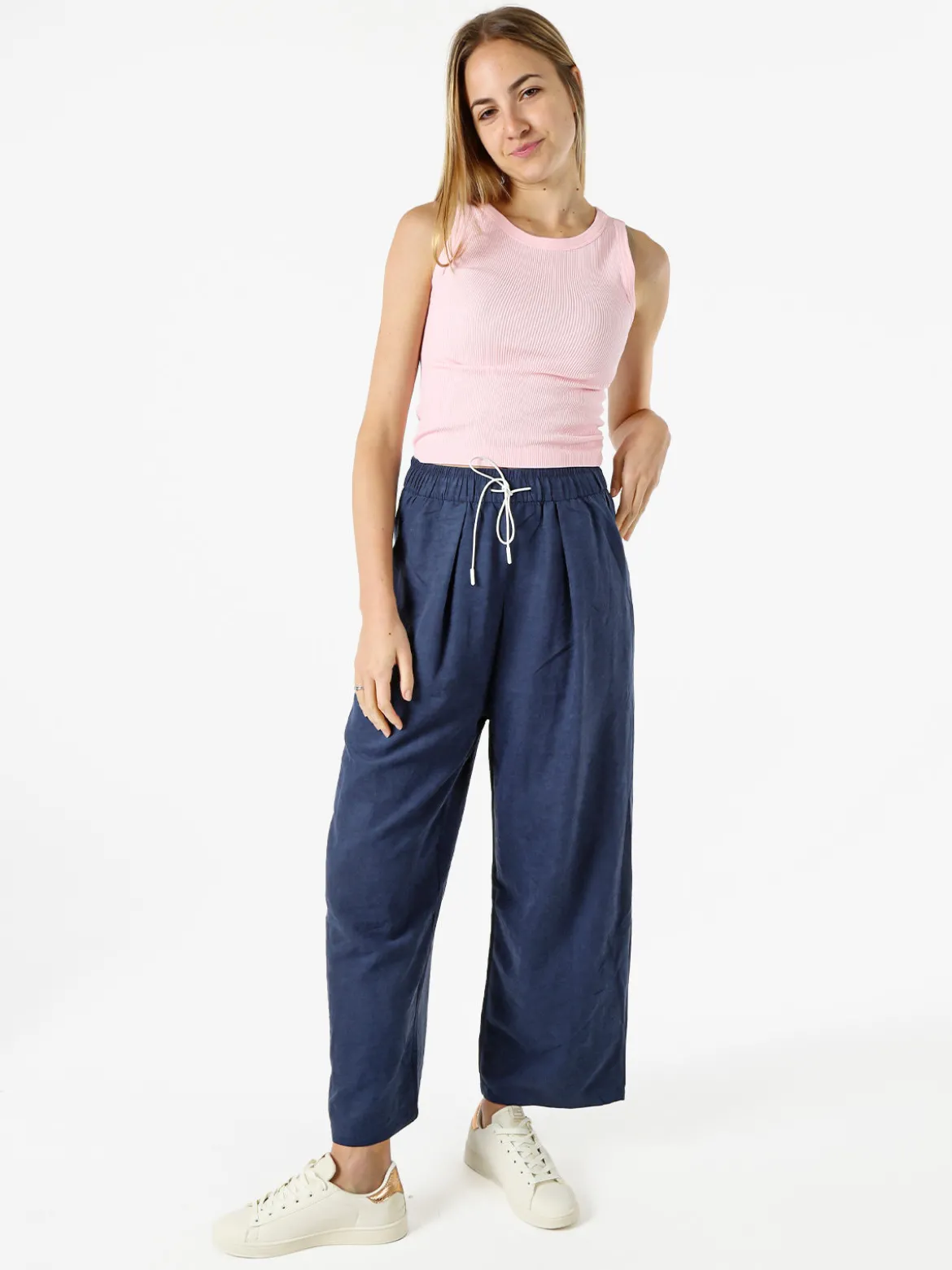 Solada Pantaloni donna leggeri a gamba larga con coulisse - blu scuro