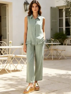 Solada Pantaloni donna leggeri a gamba larga - pistacchio