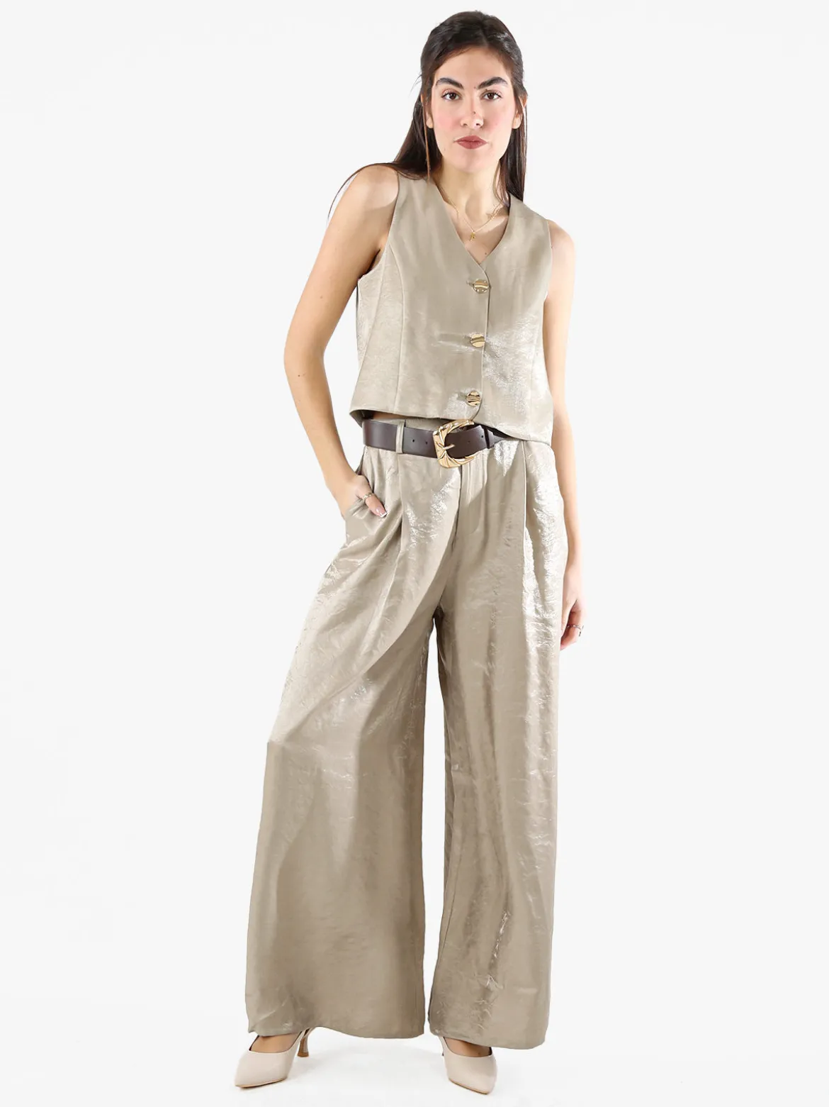 Solada Pantaloni donna leggeri a palazzo in tessuto cangiante - khaki