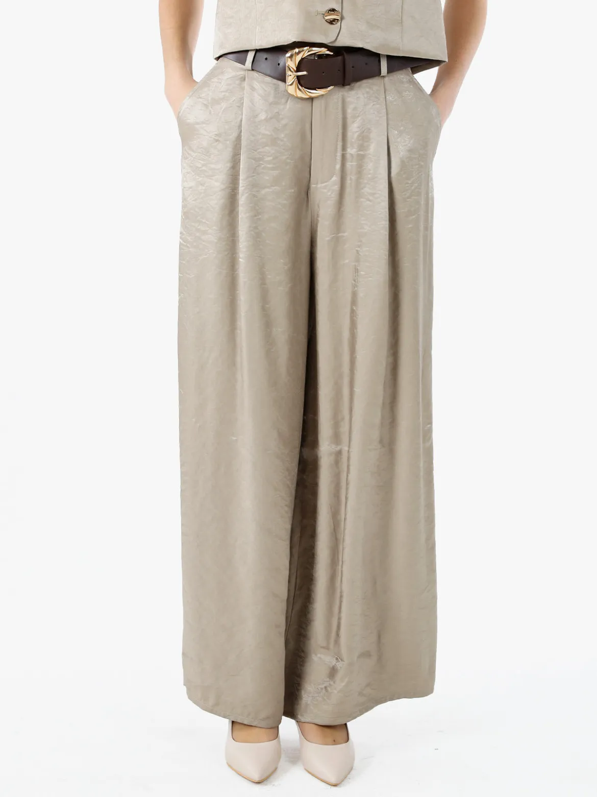 Solada Pantaloni donna leggeri a palazzo in tessuto cangiante - khaki