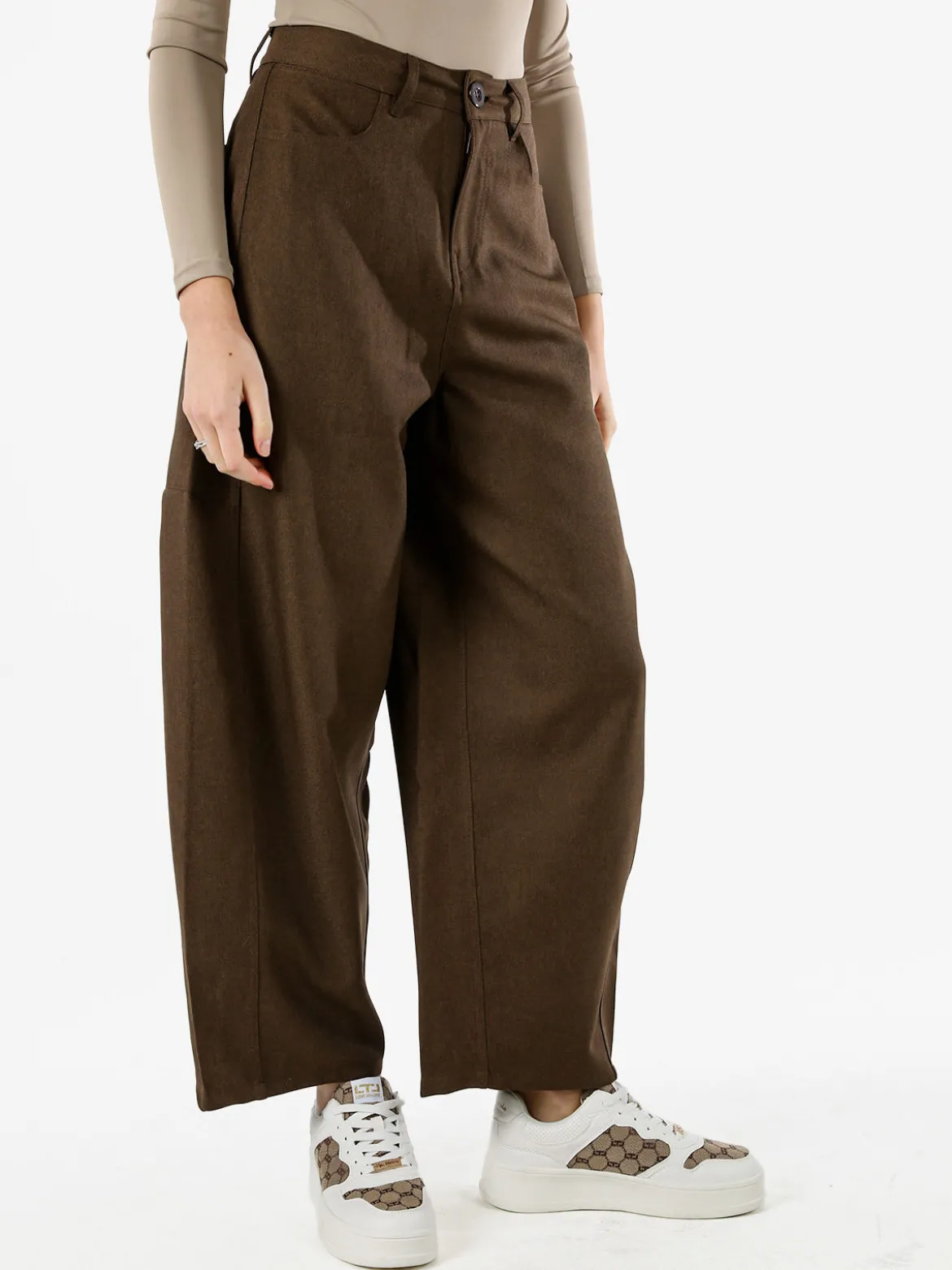 Solada Pantaloni donna leggeri a palloncino con vita alta - moro