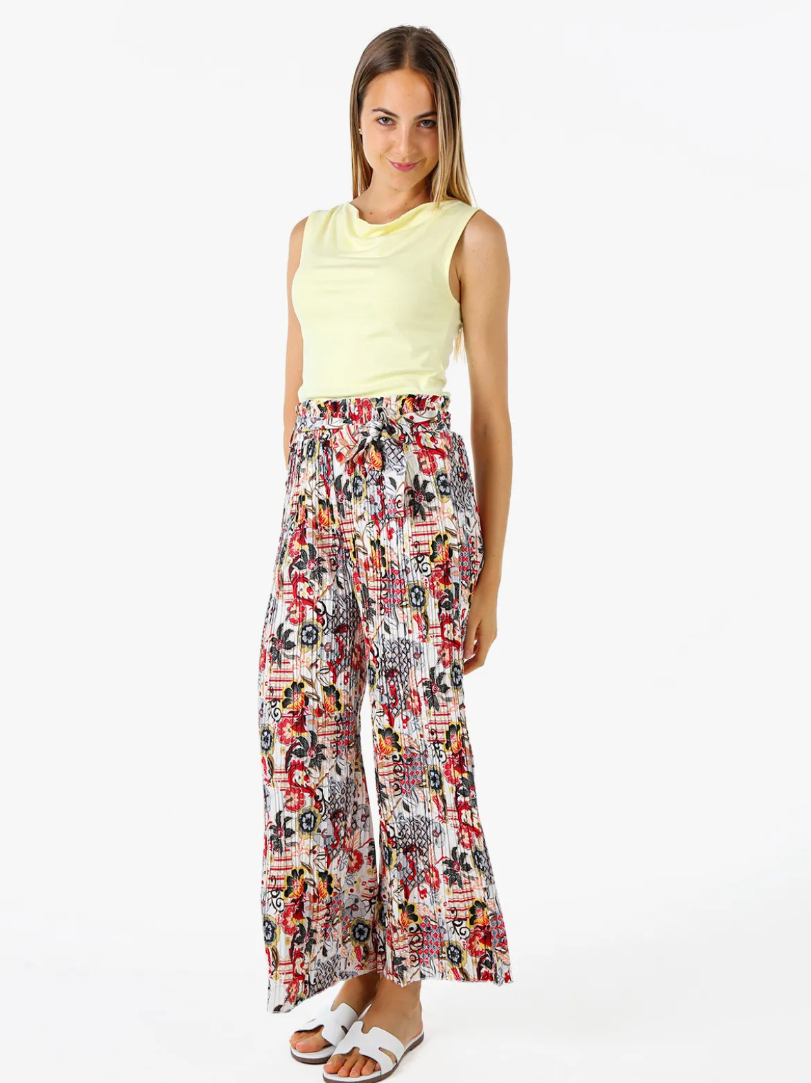 Solada Pantaloni donna plissettati a gamba larga con stampe - bianco