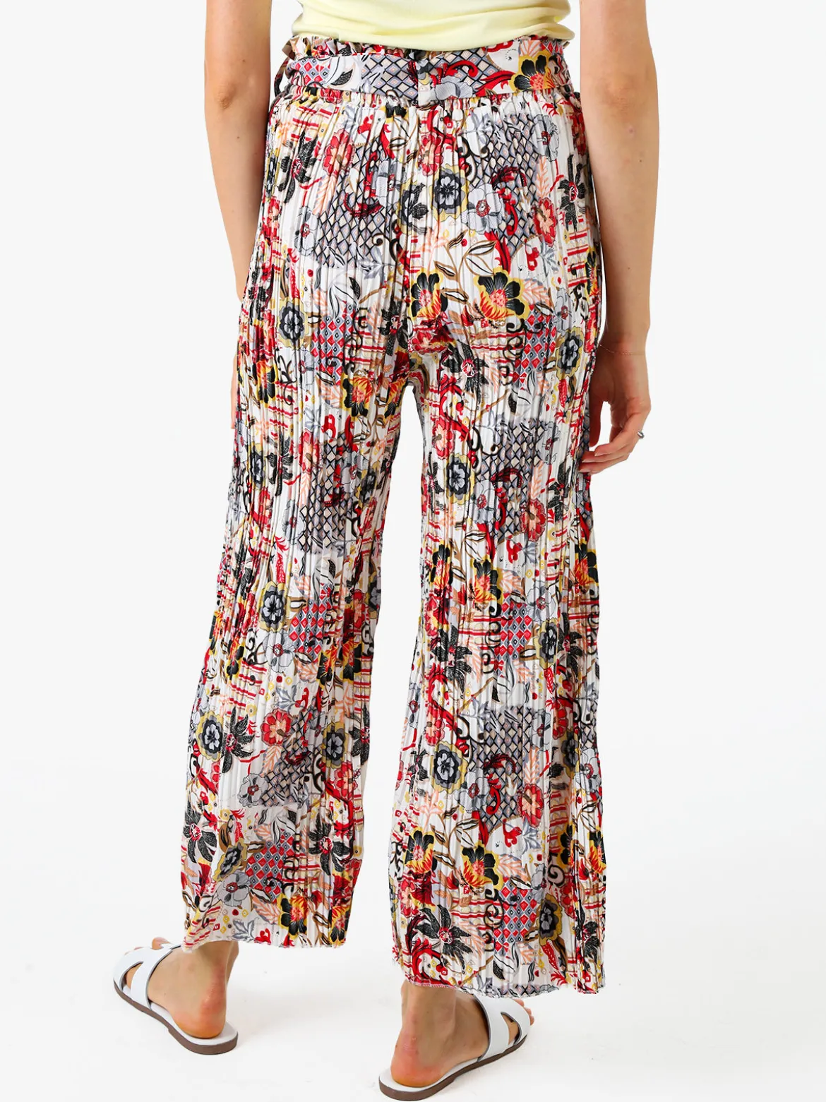 Solada Pantaloni donna plissettati a gamba larga con stampe - bianco
