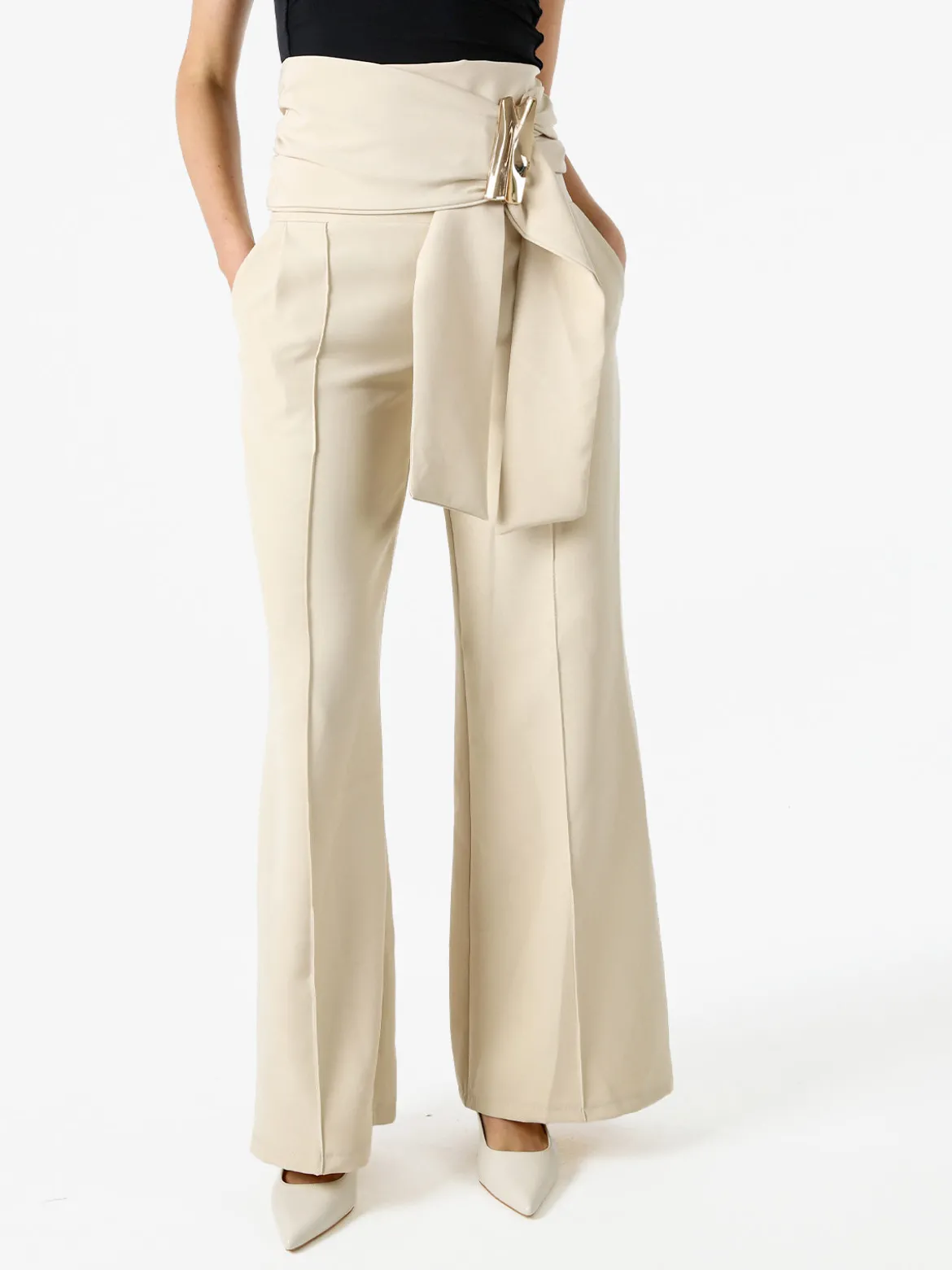 Solada Pantaloni eleganti da donna a vita alta con dettaglio - beige