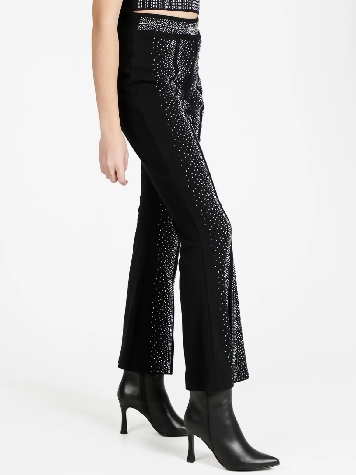 Solada Pantaloni eleganti da donna con strass e finale a zampa con spacco