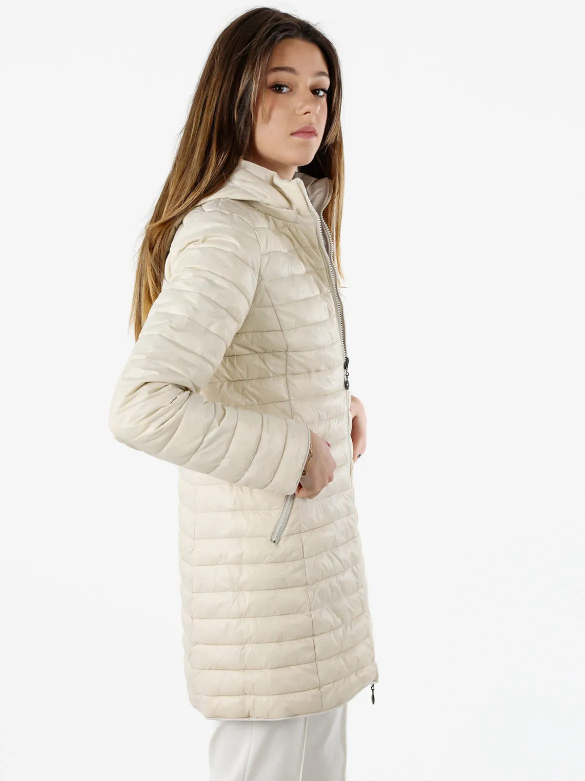 Solada Piumino donna lungo reversibile con cappuccio - panna