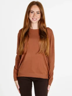 Solada Pullover donna girocollo in maglia tinta unita - cuoio