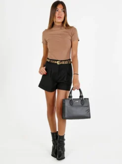 Solada Shorts donna a vita alta con risvolto e cintura animalier - nero