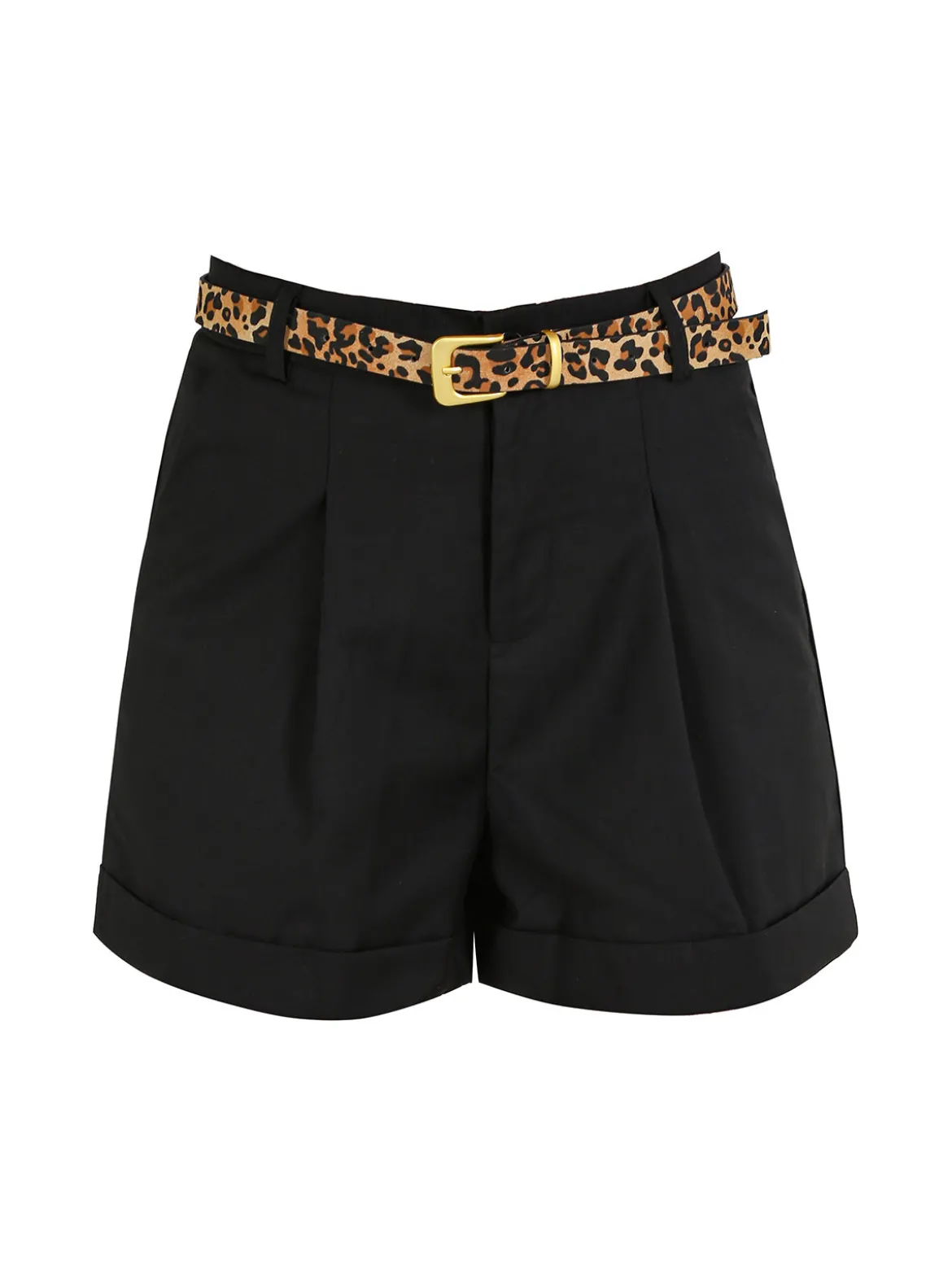 Solada Shorts donna a vita alta con risvolto e cintura animalier - nero