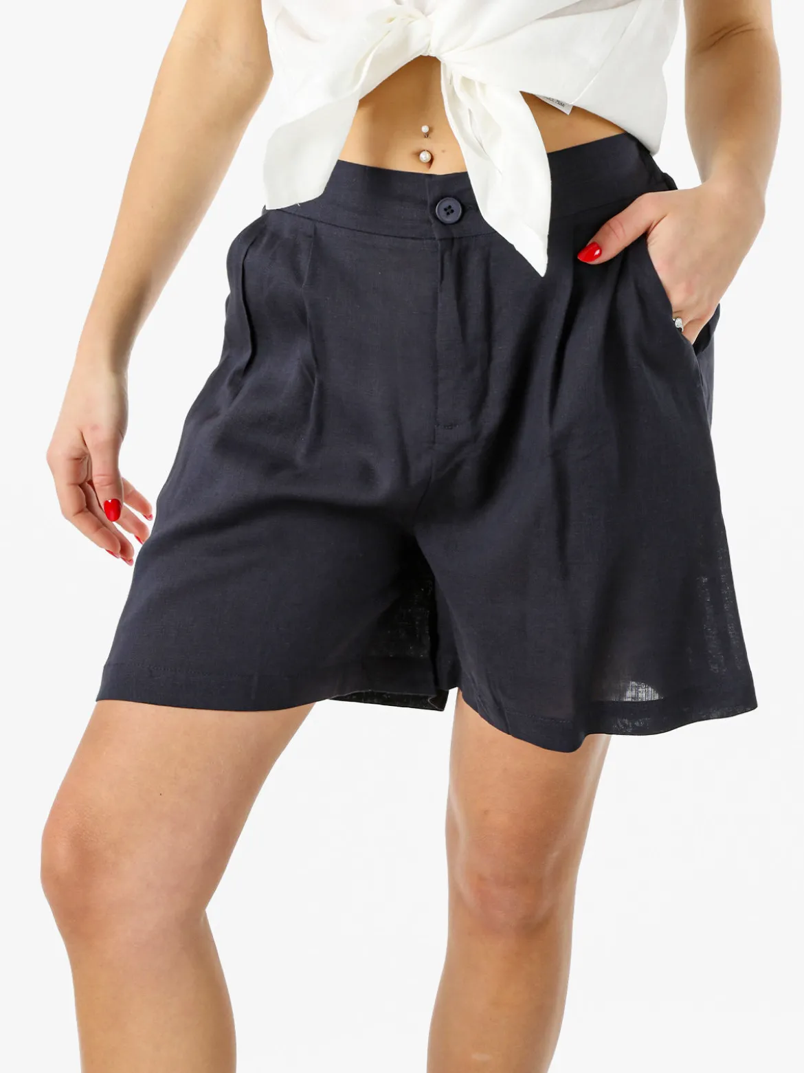Solada Shorts donna a vita alta in misto lino - blu scuro