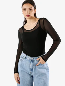 Solada Top body da donna a maniche lunghe in tulle - nero