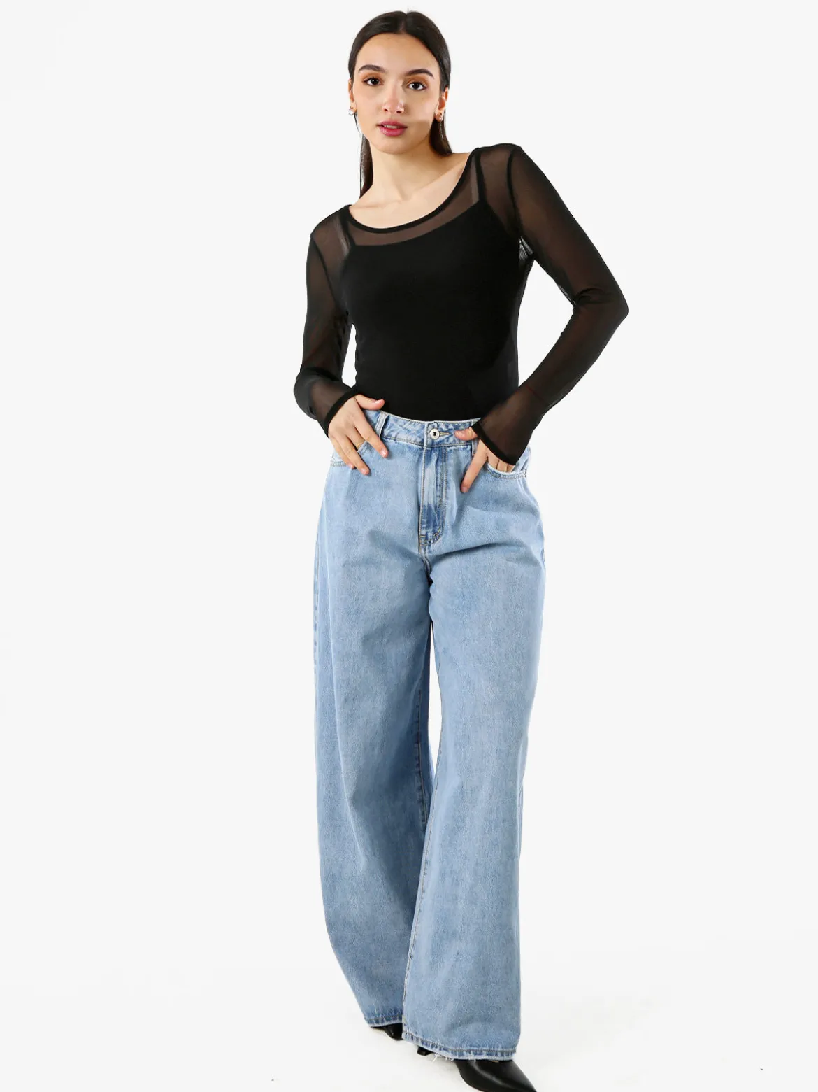 Solada Top body da donna a maniche lunghe in tulle - nero